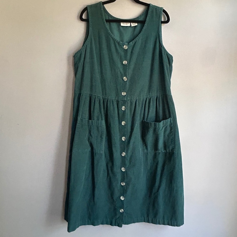 Vermont Country Store Green Corduroy Button Front Pocket Jumper Dress Large